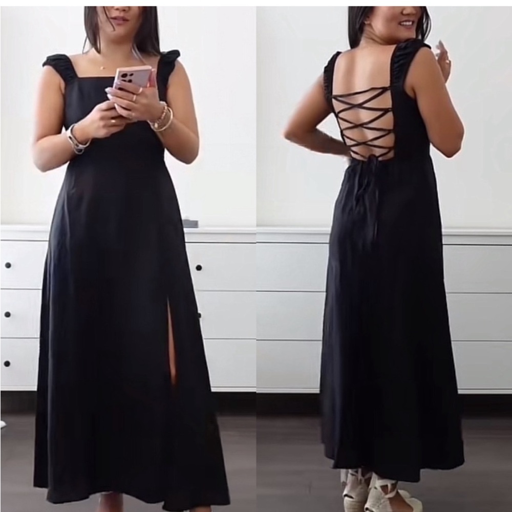 Zara Women's Black Linen Blend Midi Dress Square Neckline Flared Hem Size Medium